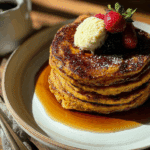 Sweet Potato Cinnamon Roll Pancakes with Vanilla Bourbon Maple Syrup
