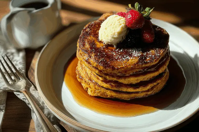 Sweet Potato Cinnamon Roll Pancakes with Vanilla Bourbon Maple Syrup
