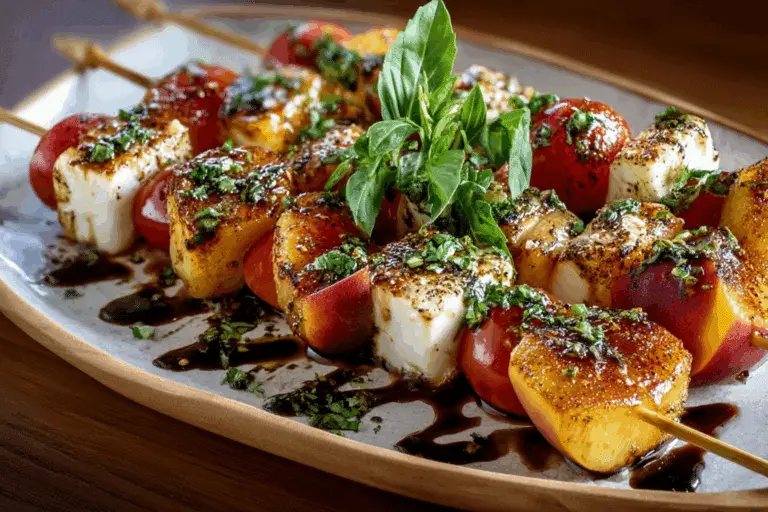 Peach Caprese Skewers with Basil & Balsamic