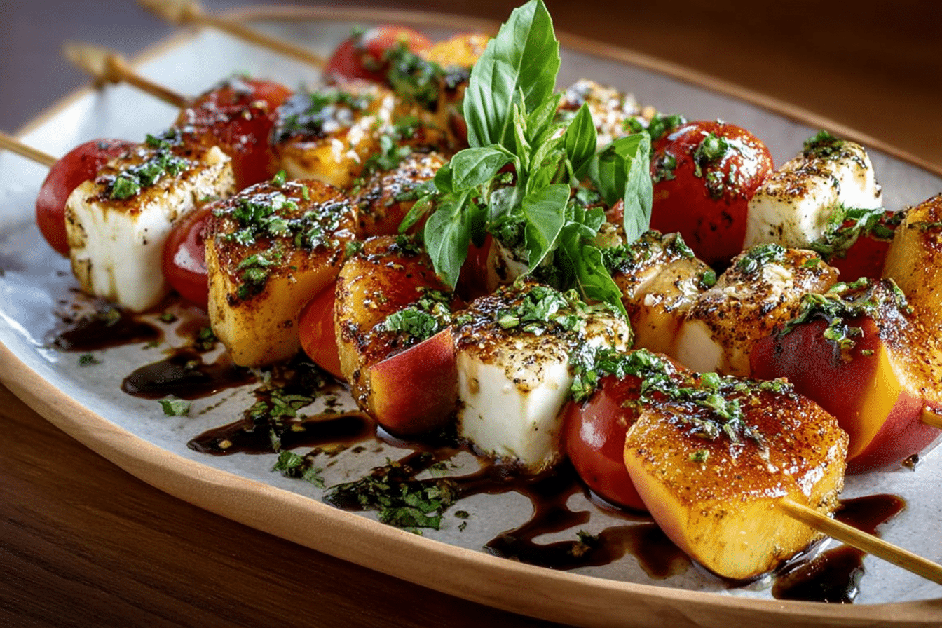 Peach Caprese Skewers with Basil & Balsamic