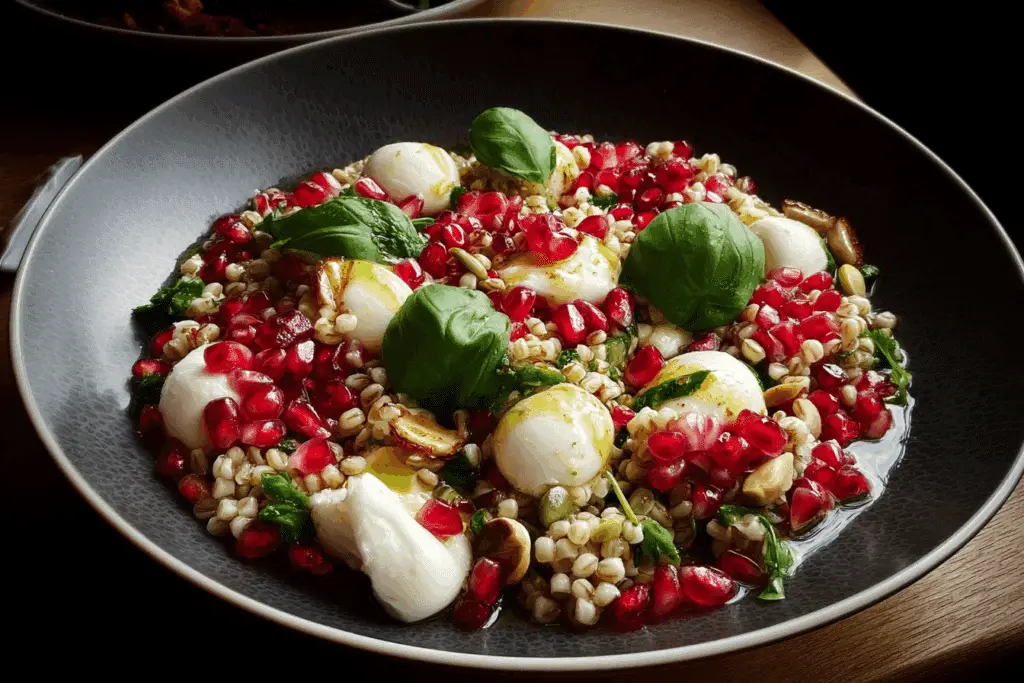 Mozzarella & Pomegranate Barley Salad with Basil-Lemon Dressing