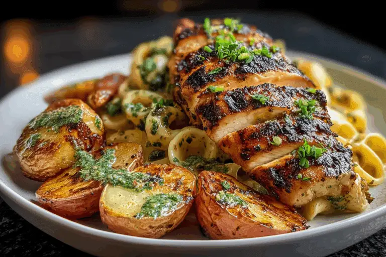 Loaded Herb Grilled Chicken with Creamy Pesto Pasta & Roasted Potatoes