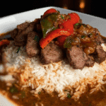 Grilled Beef with Mexican Rice, Grilled Red Pepper and Onion