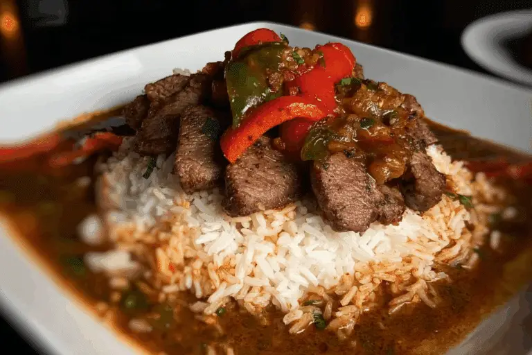 Grilled Beef with Mexican Rice, Grilled Red Pepper and Onion