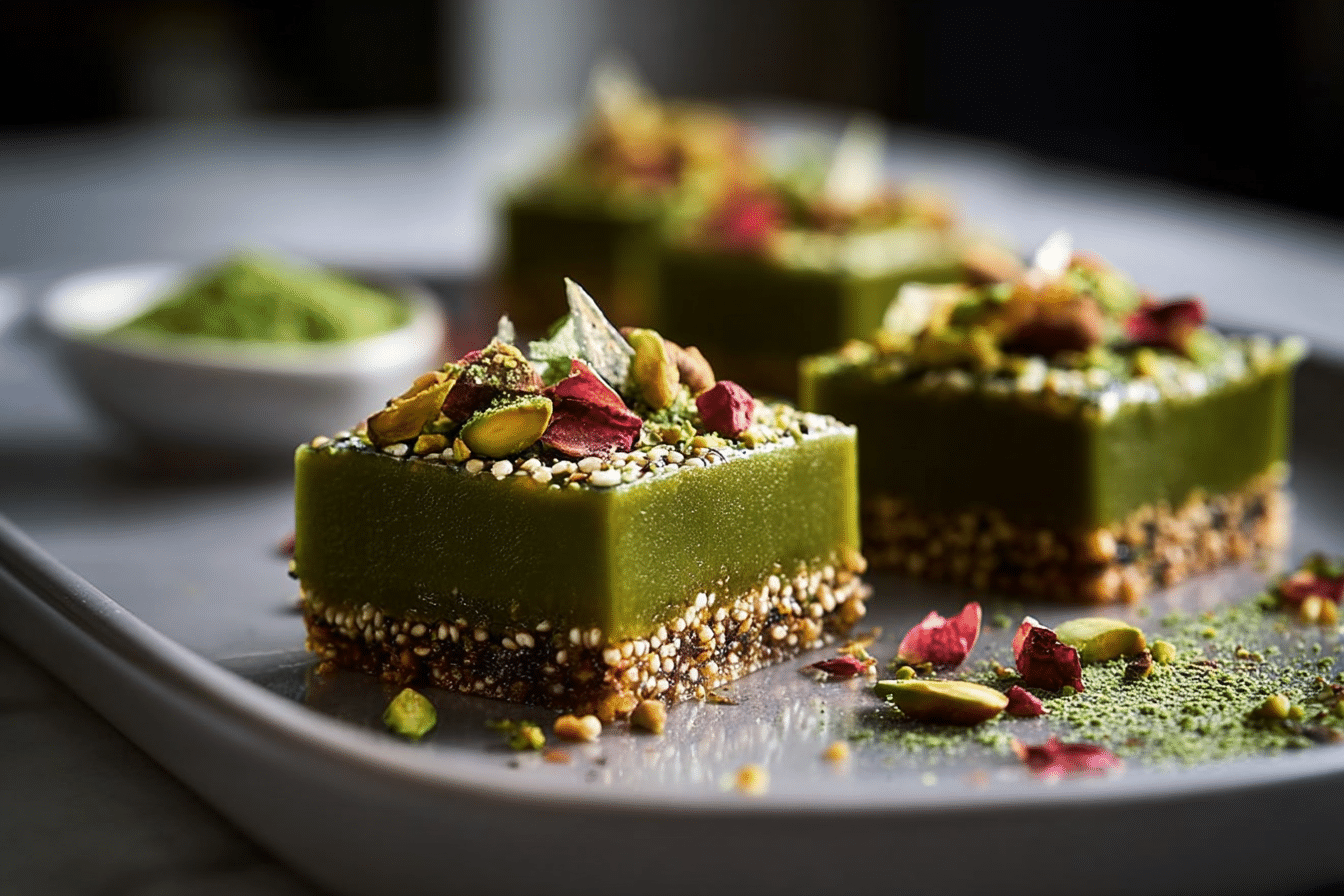 Pistachio Matcha Miso Bars with Toasted Sesame Crust