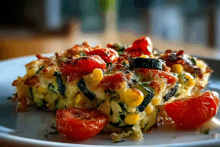 Cheesy Zucchini Corn Tomato Bake with Parmesan Crust
