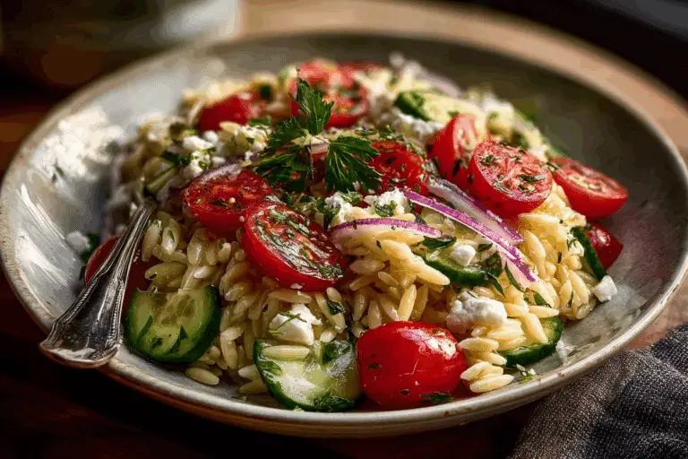 Orzo Salad with Lemon Vinaigrette, Cucumbers & Cherry Tomatoes