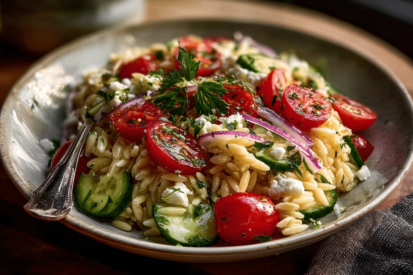 Orzo Salad with Lemon Vinaigrette, Cucumbers & Cherry Tomatoes