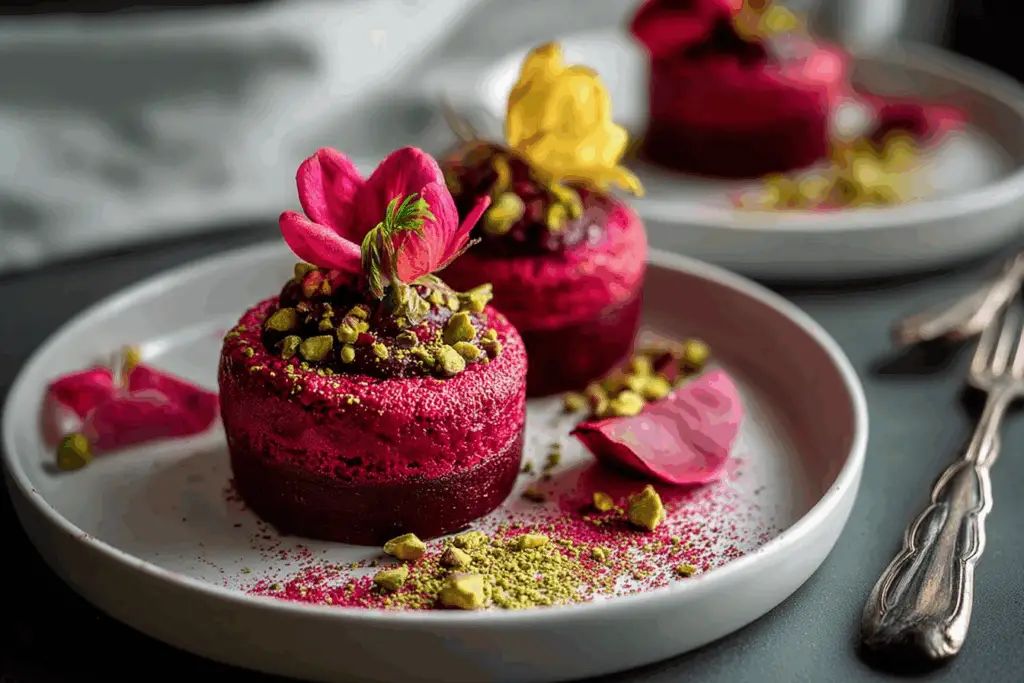 Savory Rosewater Beet Soufflés with Pistachio Dust