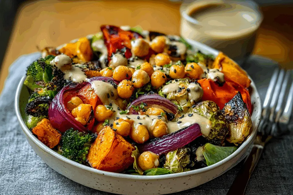 Roasted Veggie & Chickpea Bowls with Maple Dijon Tahini Dressing