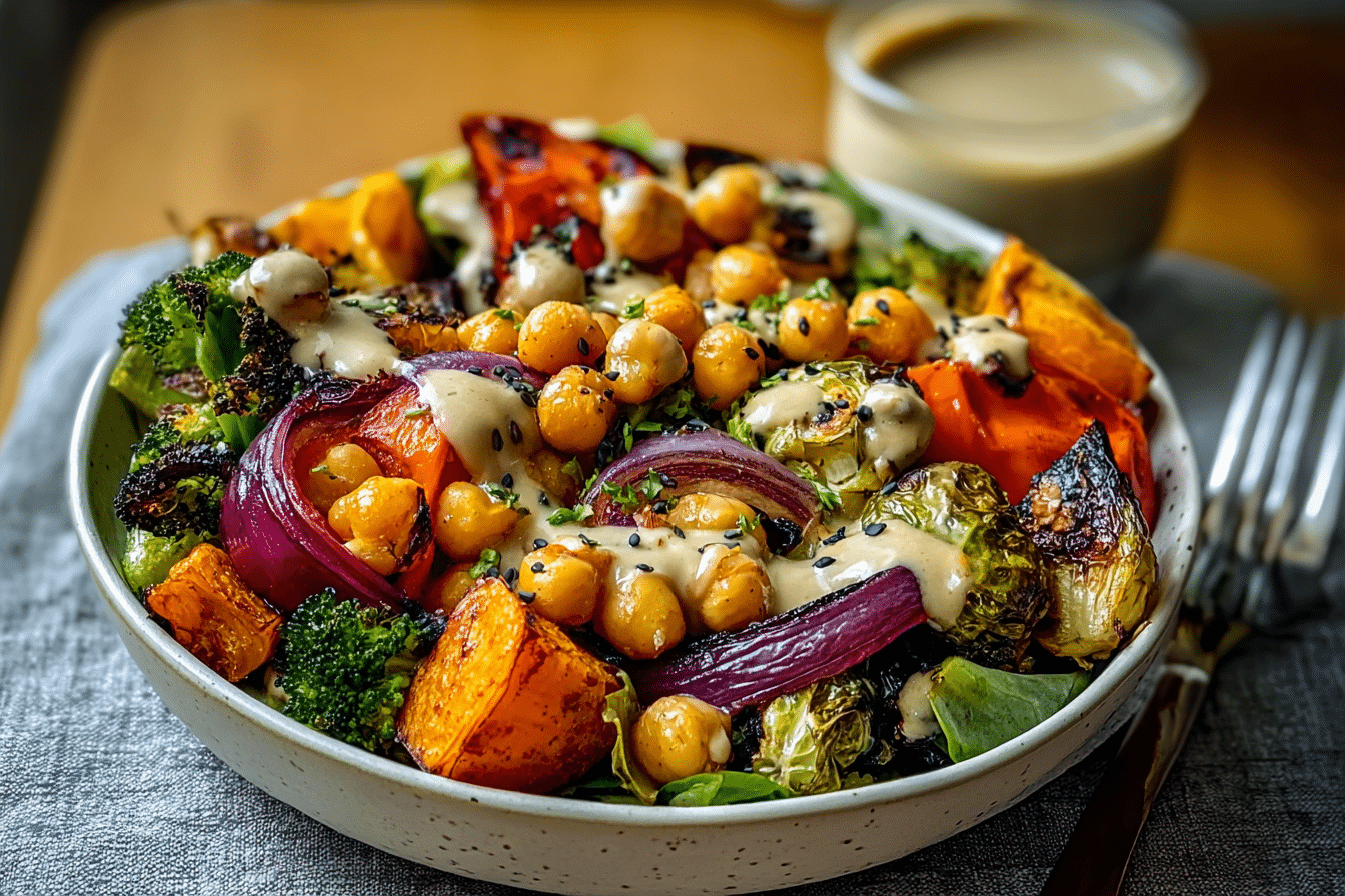 Roasted Veggie & Chickpea Bowls with Maple Dijon Tahini Dressing