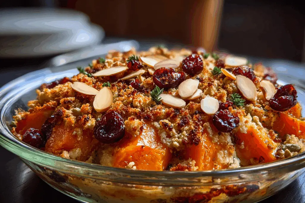 Sweet Potato & Ricotta Bake with Cranberries and Herbed Almond Crumble