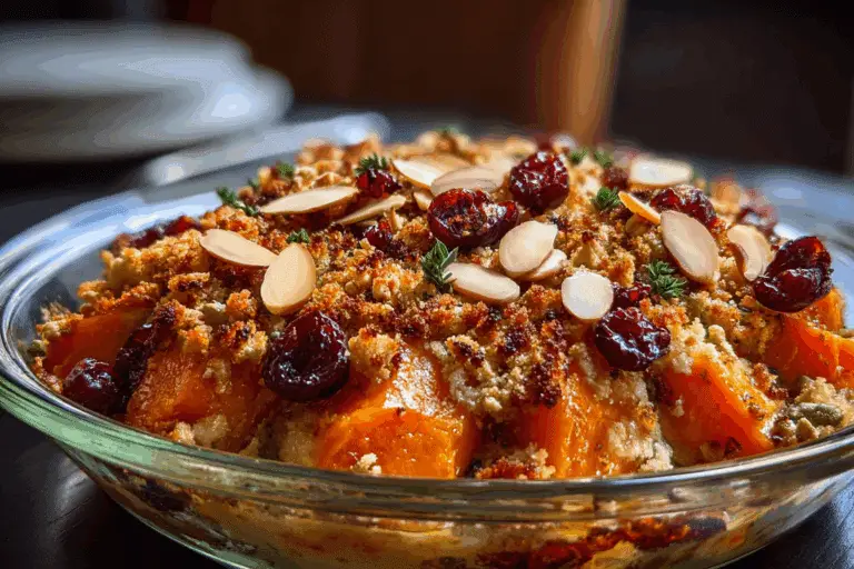 Sweet Potato & Ricotta Bake with Cranberries and Herbed Almond Crumble
