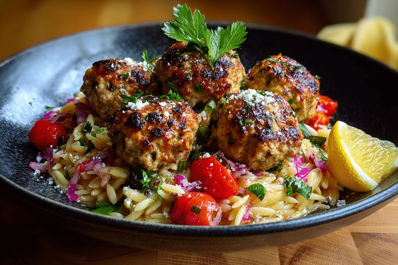 Baked Ricotta Lemon Meatballs over Orzo Salad