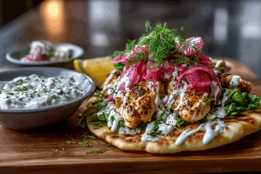 Lemon Herb Chicken Flatbread with Tzatziki Drizzle