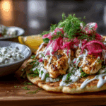Lemon Herb Chicken Flatbread with Tzatziki Drizzle
