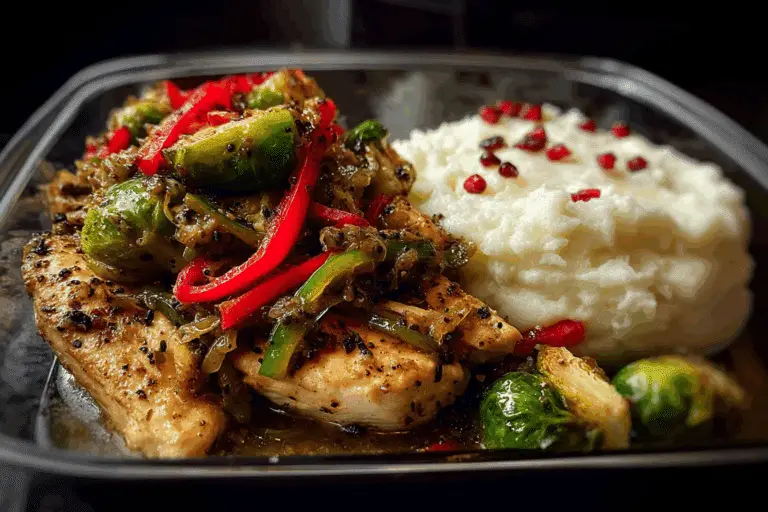 Insanely Good Creamy Pepper Chicken with Roasted Brussels & Mashed Potatoes