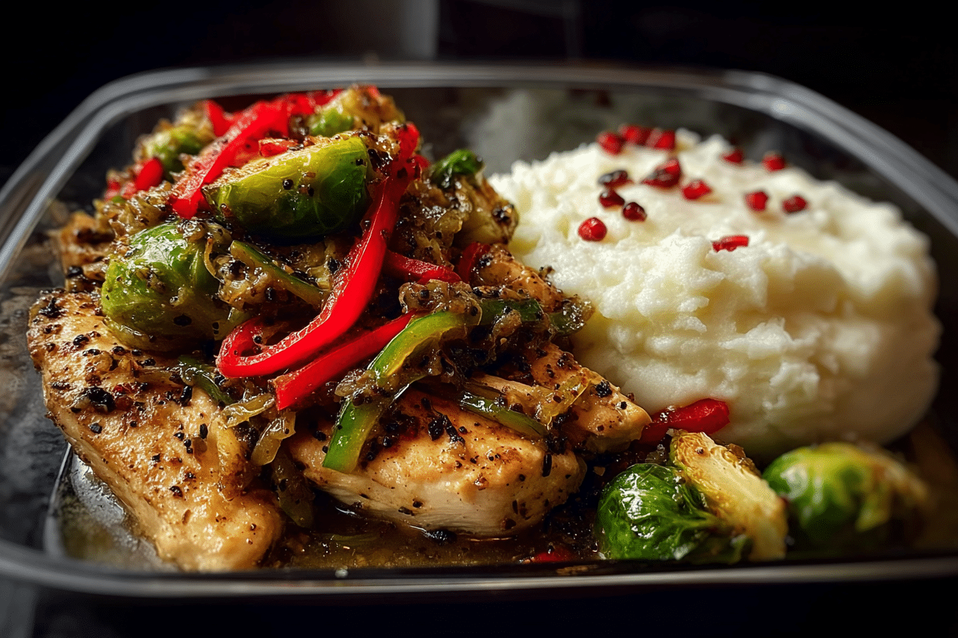 Insanely Good Creamy Pepper Chicken with Roasted Brussels & Mashed Potatoes