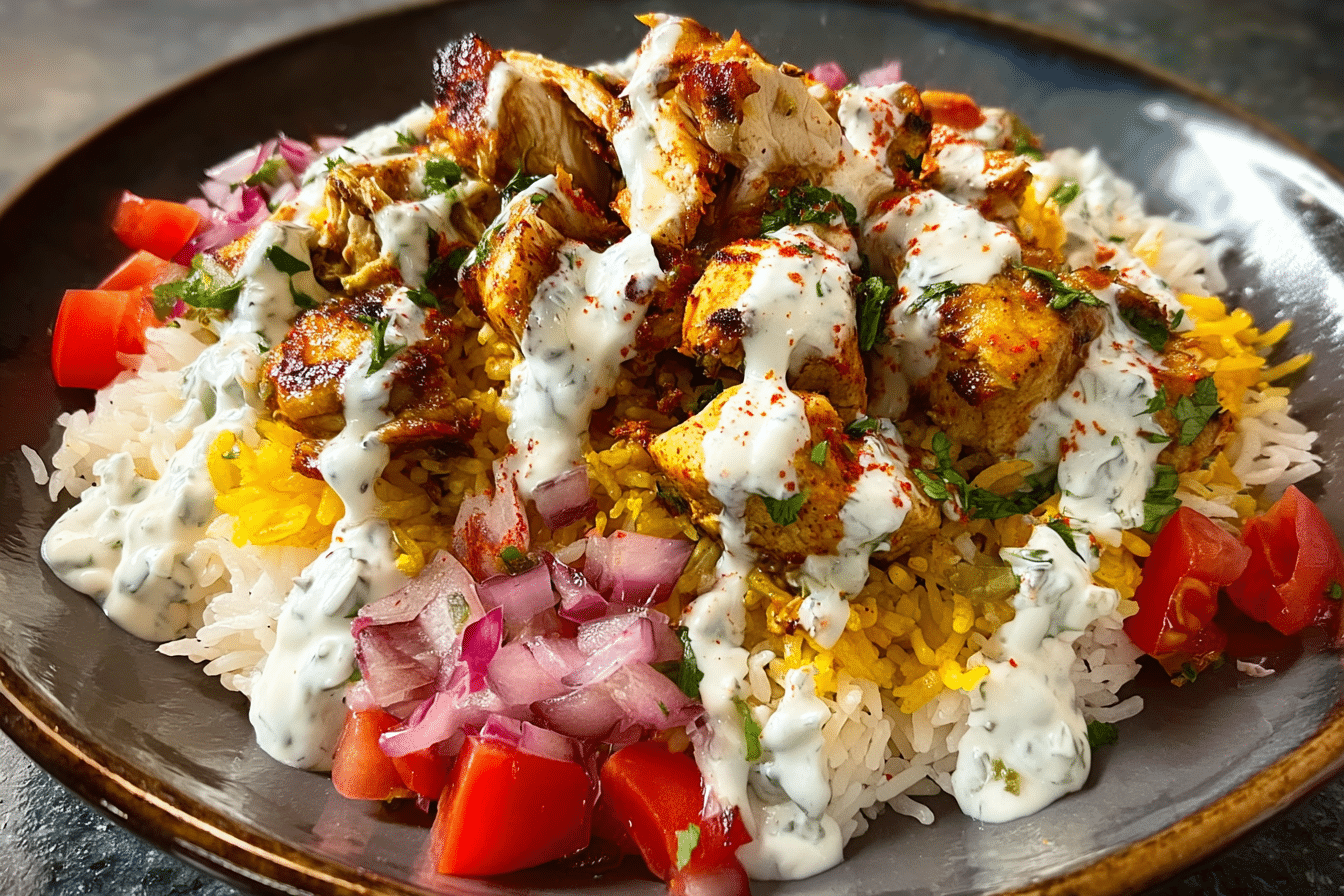 Halal Cart-Style Chicken and Rice With White Sauce