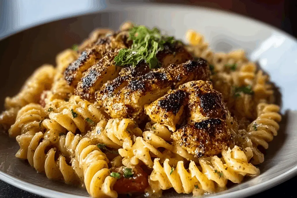GARLIC BUTTER CHICKEN OVER CHEESY CAJUN ROTINI
