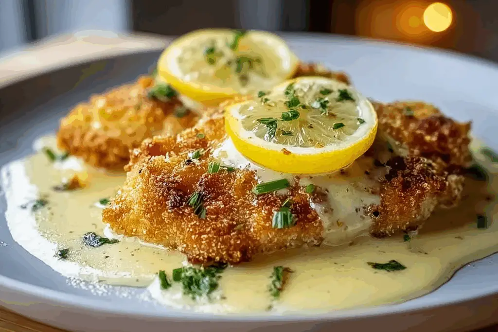 Crispy Lemon Pecorino Chicken Cutlets with Creamy Lemon-Herb Sauce