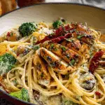 Tuscan Garlic Chicken Alfredo with Cheesy Broccoli & Roasted Red Pepper Mushroom Pesto