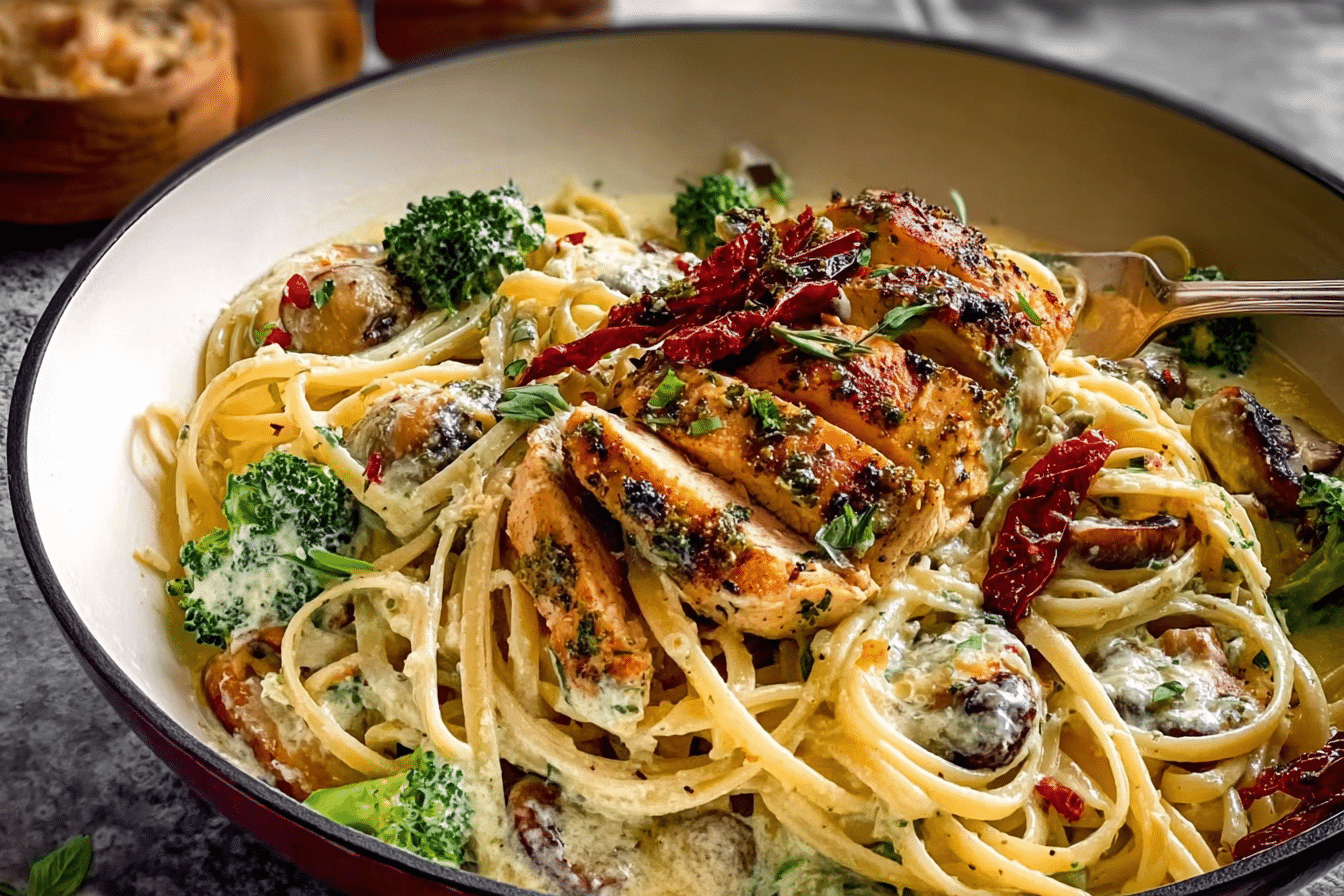 Tuscan Garlic Chicken Alfredo with Cheesy Broccoli & Roasted Red Pepper Mushroom Pesto