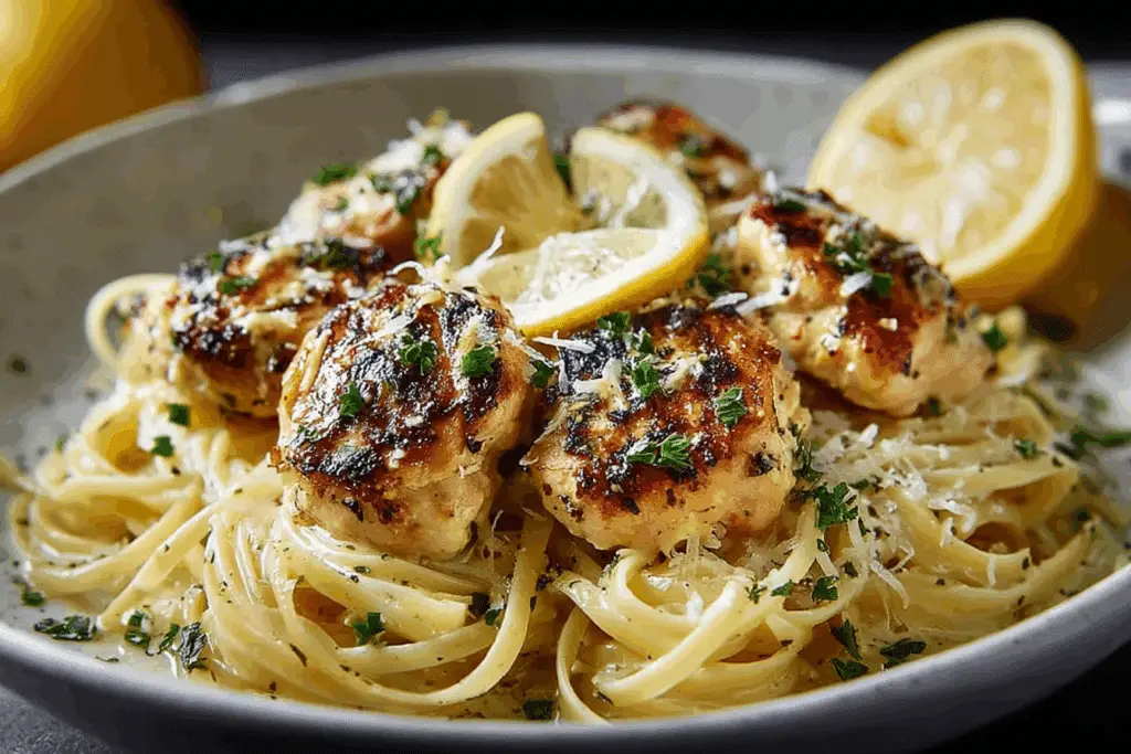 Zesty Lemon Butter Chicken Served with Creamy Parmesan Linguine