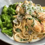 Avocado Greek Chicken Alfredo with Crispy Parmesan Broccoli & Creamy Mushroom Sauce