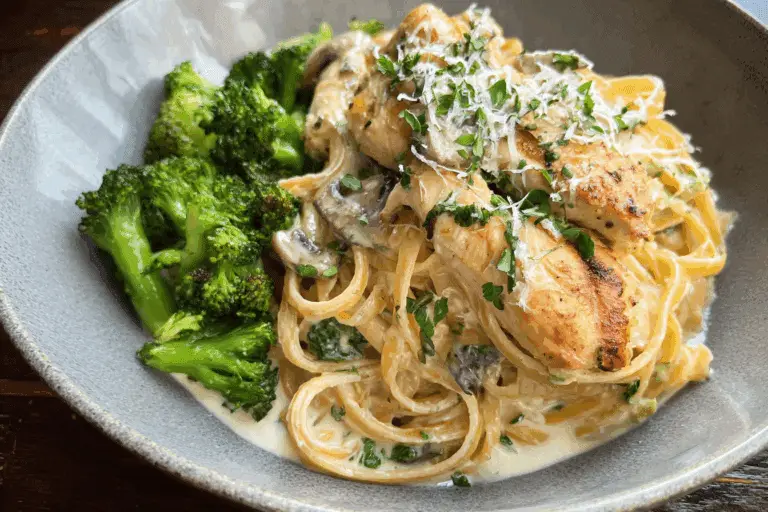 Avocado Greek Chicken Alfredo with Crispy Parmesan Broccoli & Creamy Mushroom Sauce