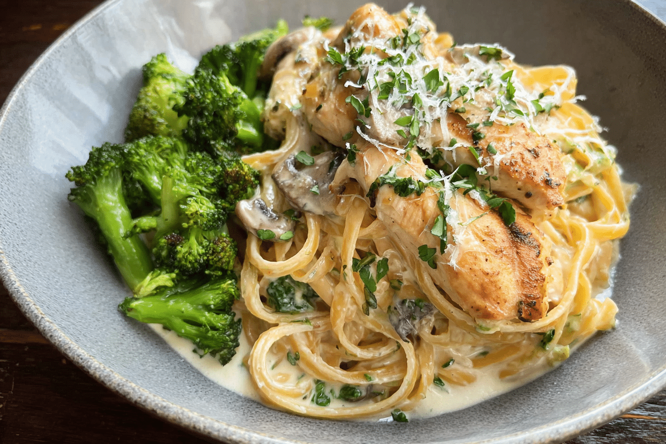 Avocado Greek Chicken Alfredo with Crispy Parmesan Broccoli & Creamy Mushroom Sauce