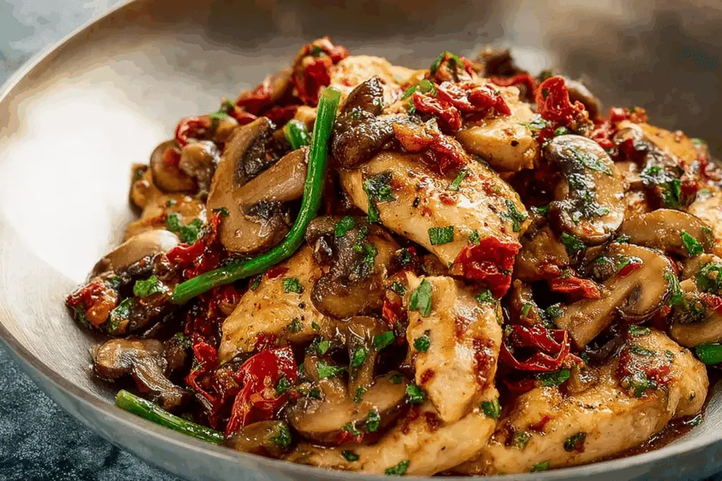 Tuscan Garlic Chicken Stir-Fry with Sun-Dried Tomato Mushroom Creama