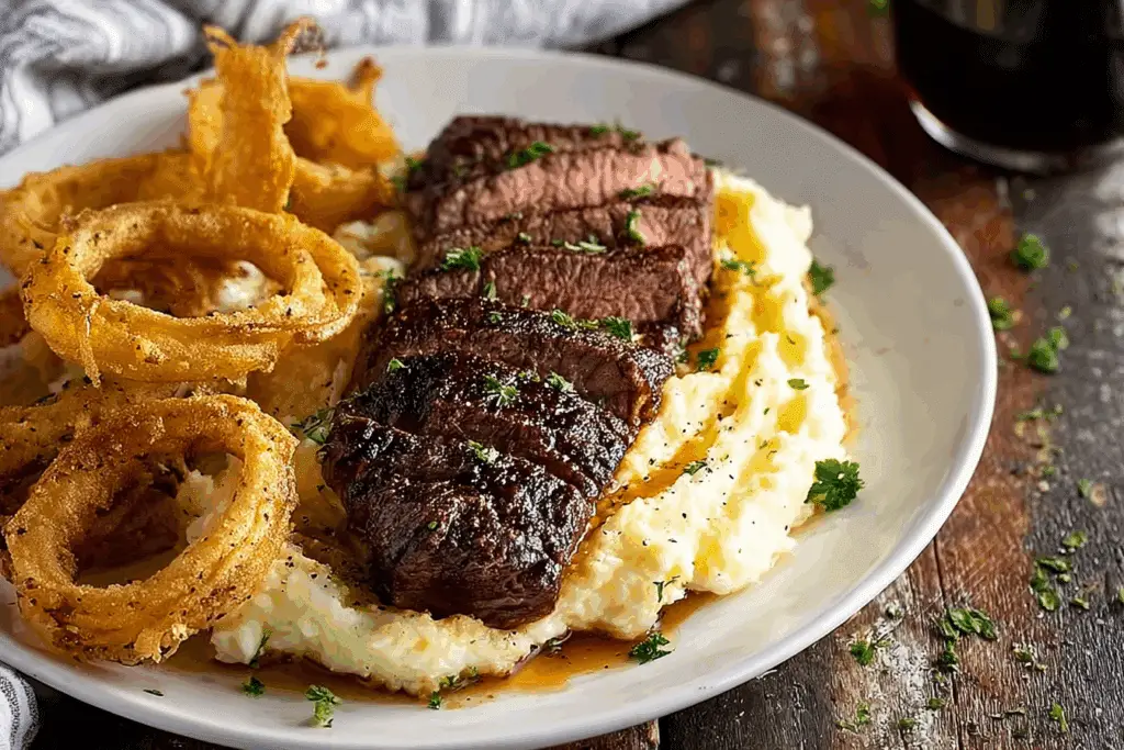 Cowboy Buttr Steak with Onion Rings on Mashed Potatoes