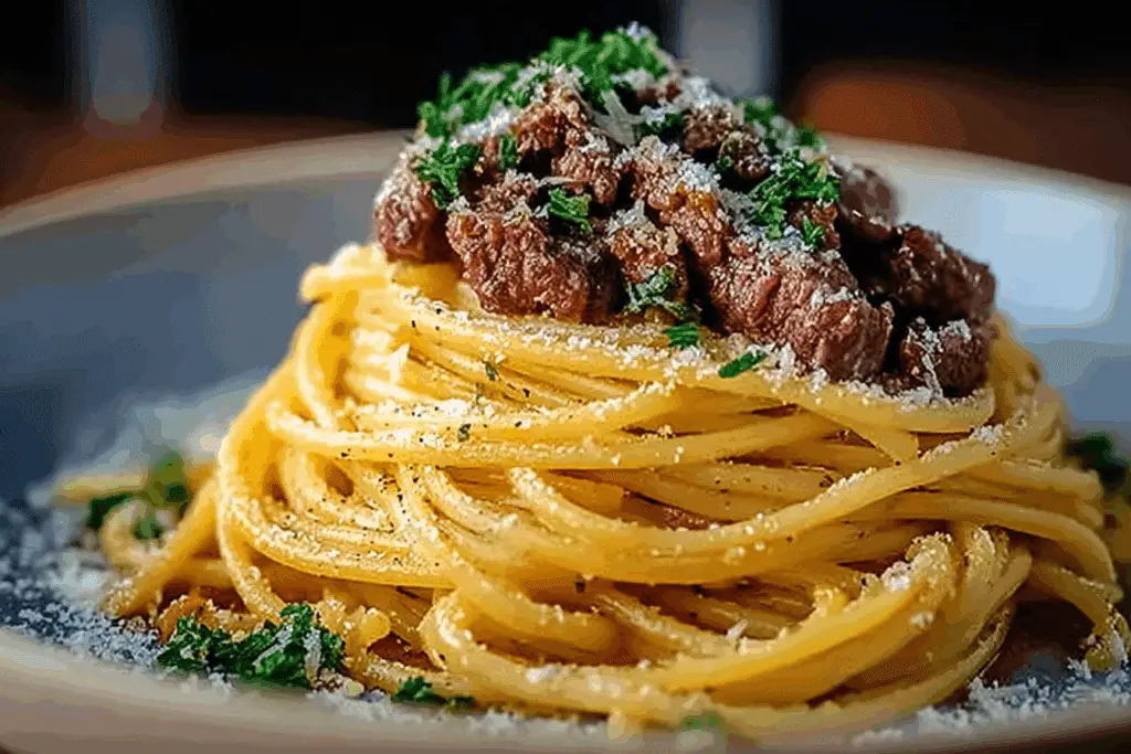 Creamy Garlic Butter Spaghetti with Parmesan Beef