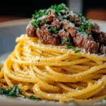 Creamy Garlic Butter Spaghetti with Parmesan Beef