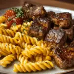 GARLIC PARMESAN STEAK BITES WITH CAJUN TWISTED PASTA