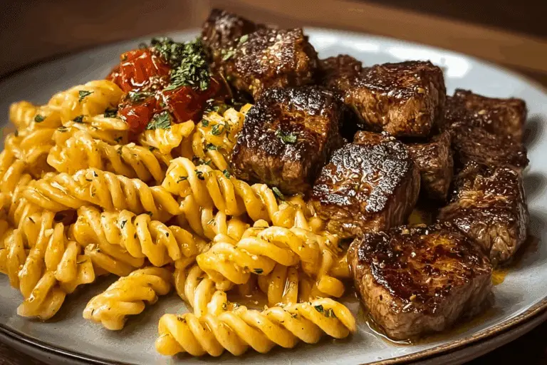 GARLIC PARMESAN STEAK BITES WITH CAJUN TWISTED PASTA