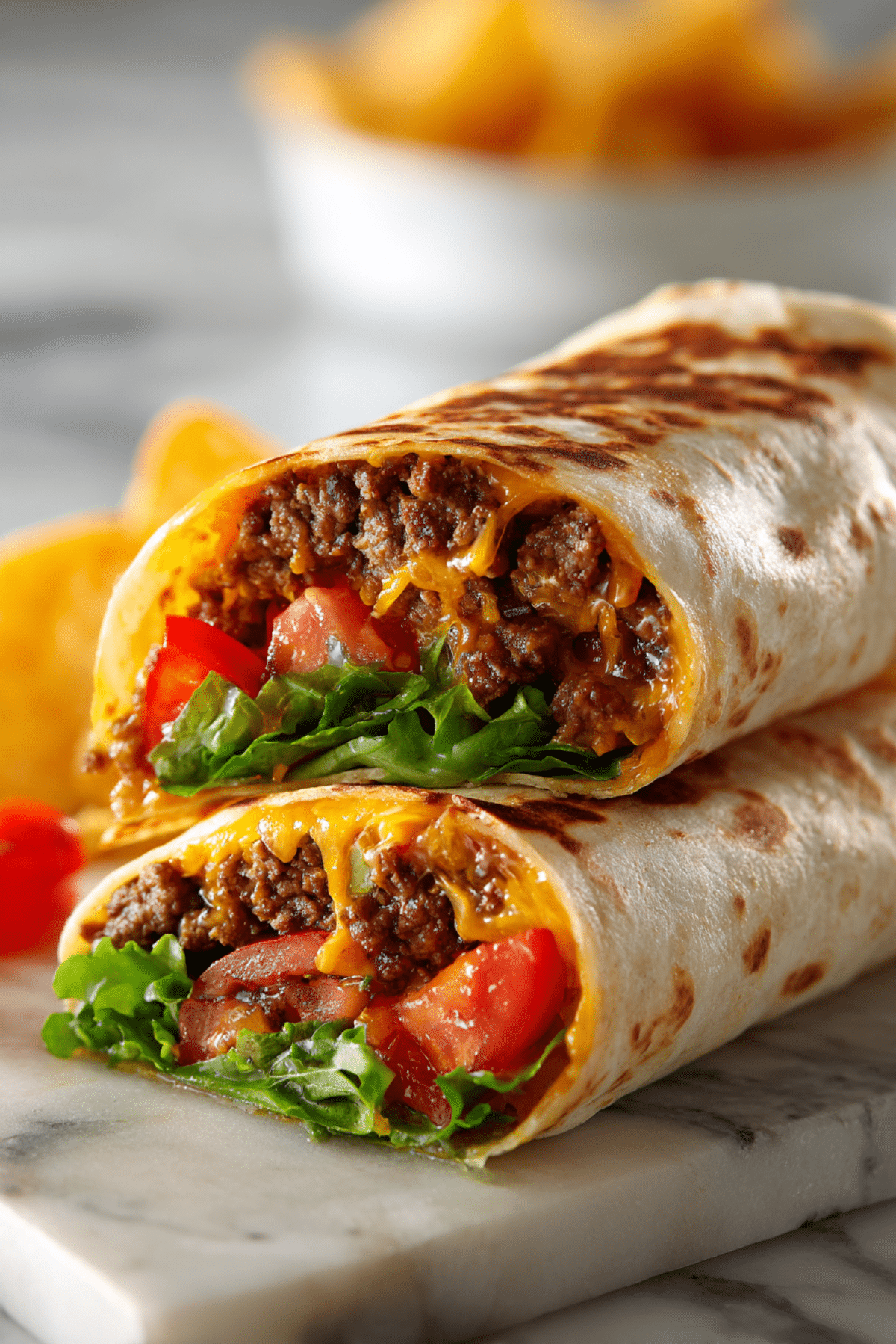 Cheesy caramelised shallot burger wraps