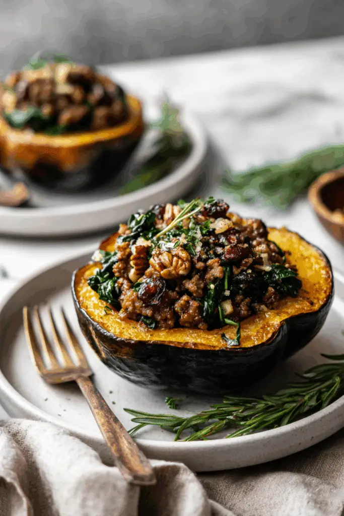 Stuffed Acorn Squash with Sausage, Spinach, Onions, Pecans, & Dried Cranberries