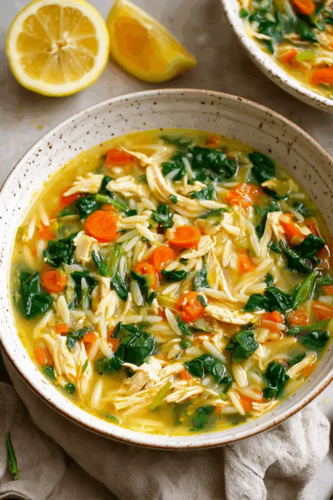 Lemon Chicken Orzo Soup with Spinach and Carrots