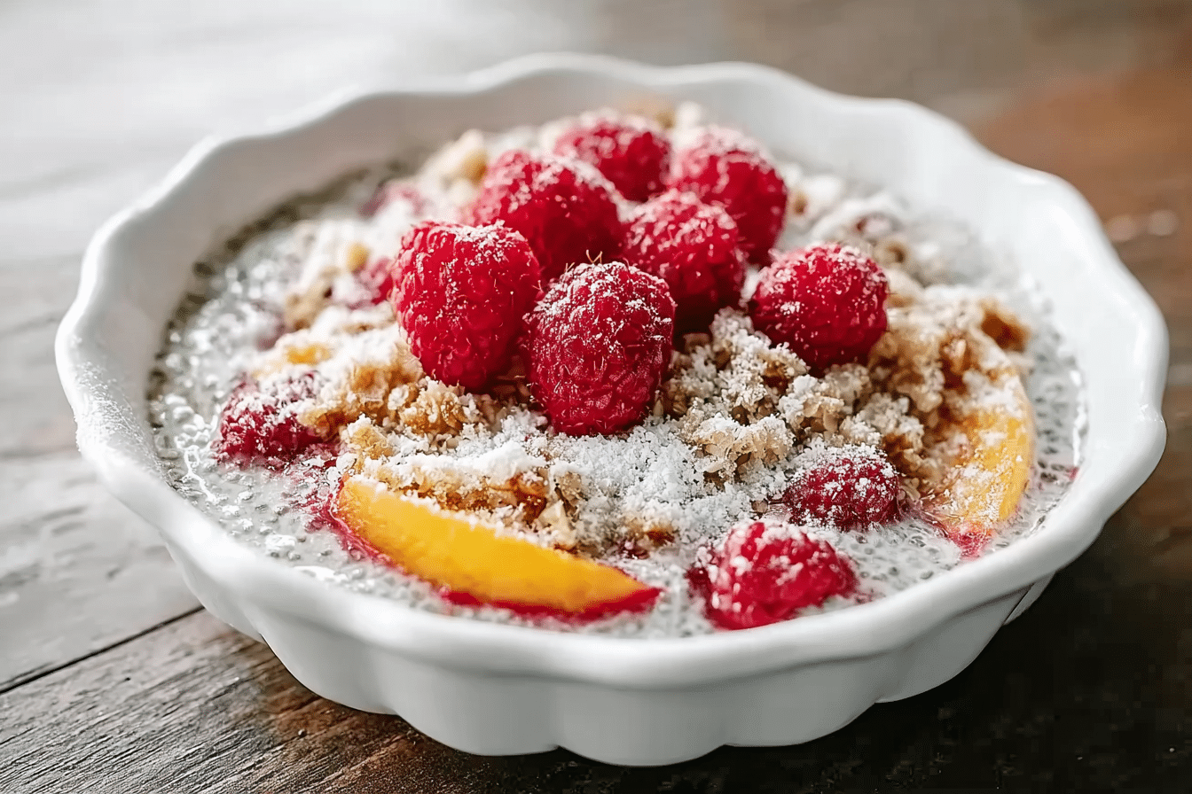 Healthier Peach Crisp and Raspberry Chia Pudding Yogurt Bowl