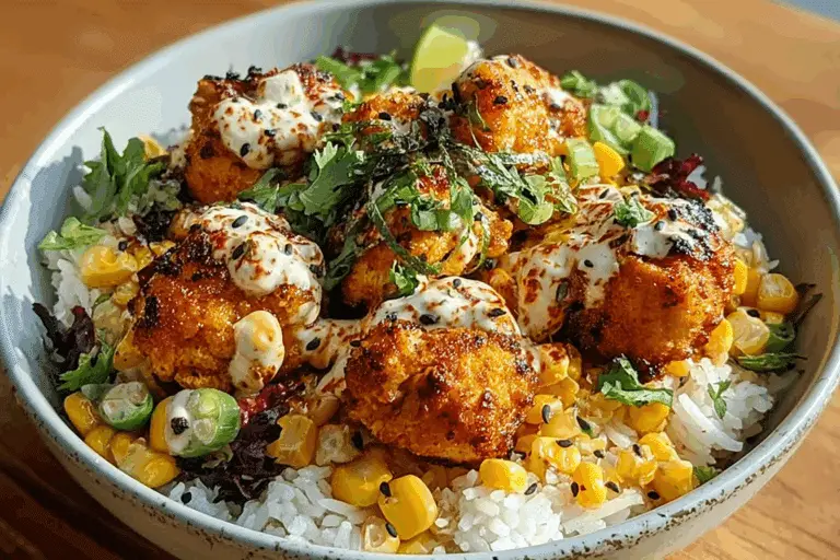 Crispy Potato Balls Street Corn Chicken Rice Bowl