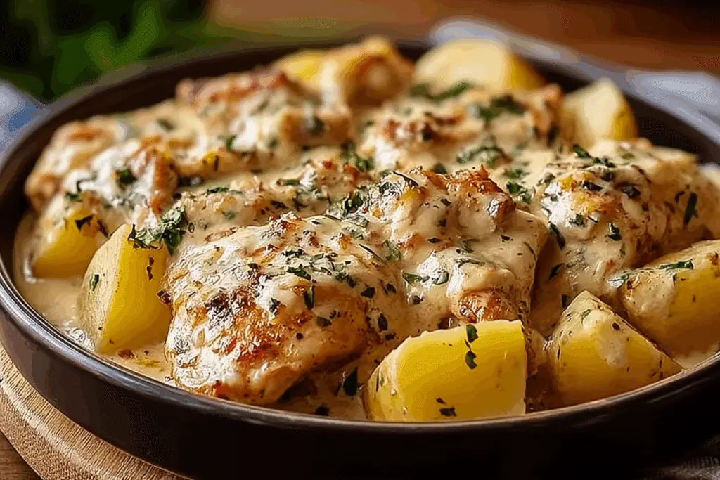 High Protein Creamy Garlic Cheesy Chicken & Potatoes Recipe