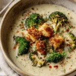 Miso Roasted Broccoli Cheese Soup with Chili Crisp Croutons