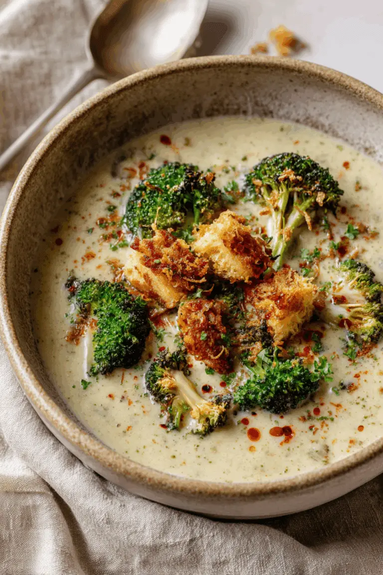 Miso Roasted Broccoli Cheese Soup with Chili Crisp Croutons