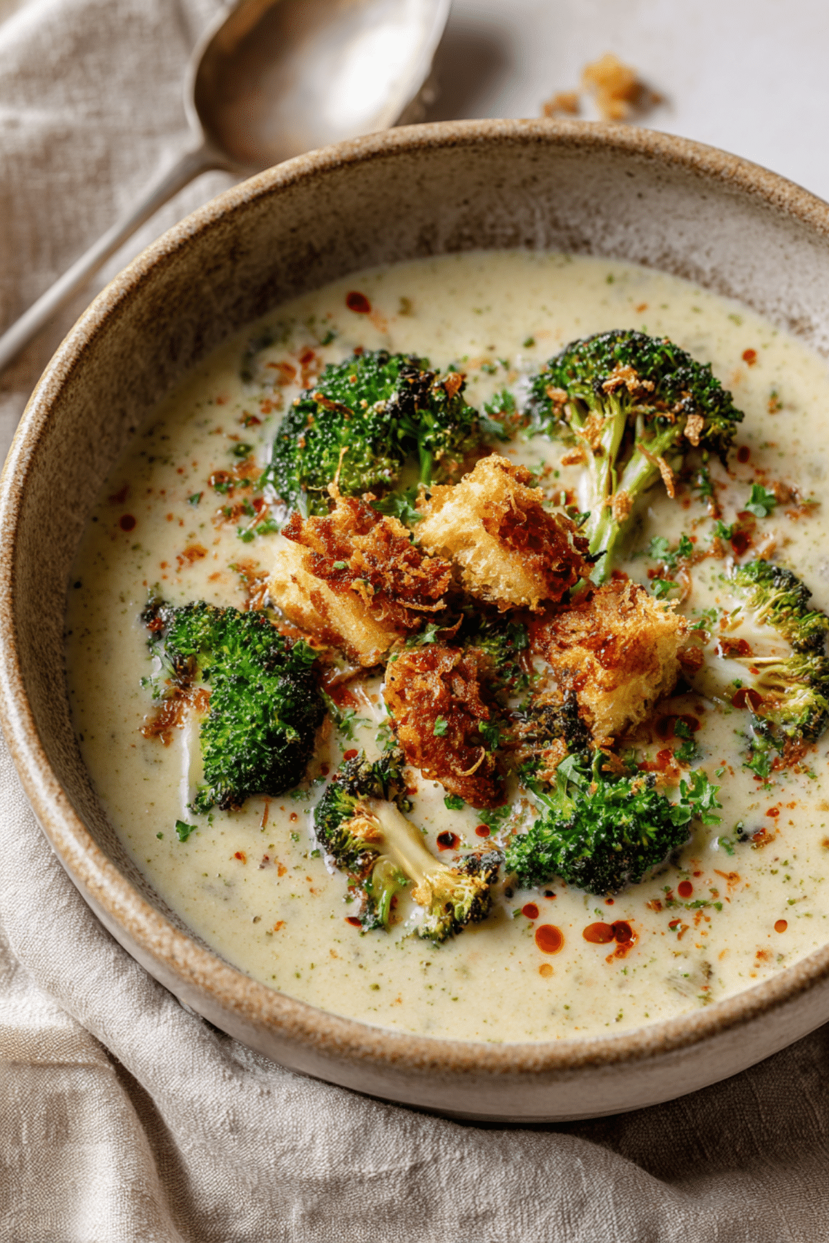 Miso Roasted Broccoli Cheese Soup with Chili Crisp Croutons