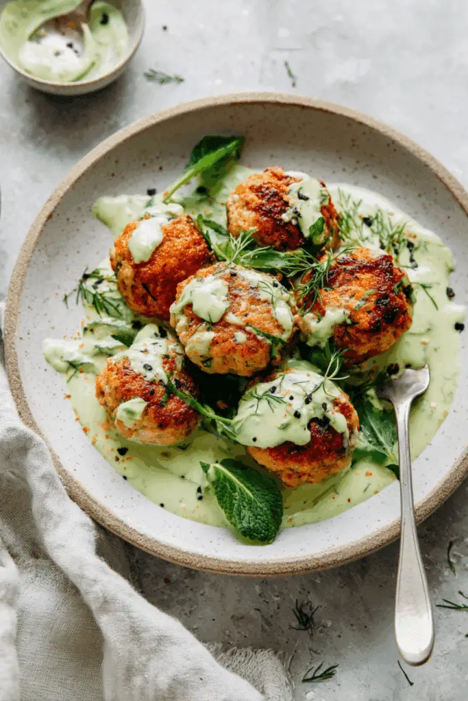 Crispy Salmon Balls with Creamy Avocado Yogurt Sauce