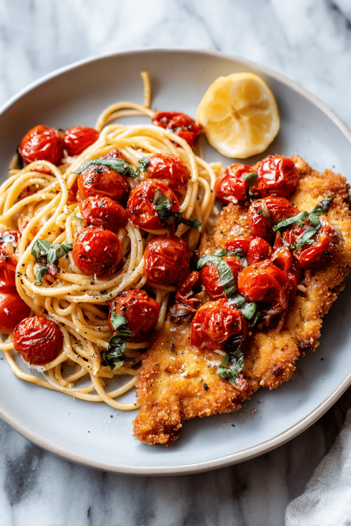 Cherry Tomato Spaghetti with Fried Chicken Cutlet