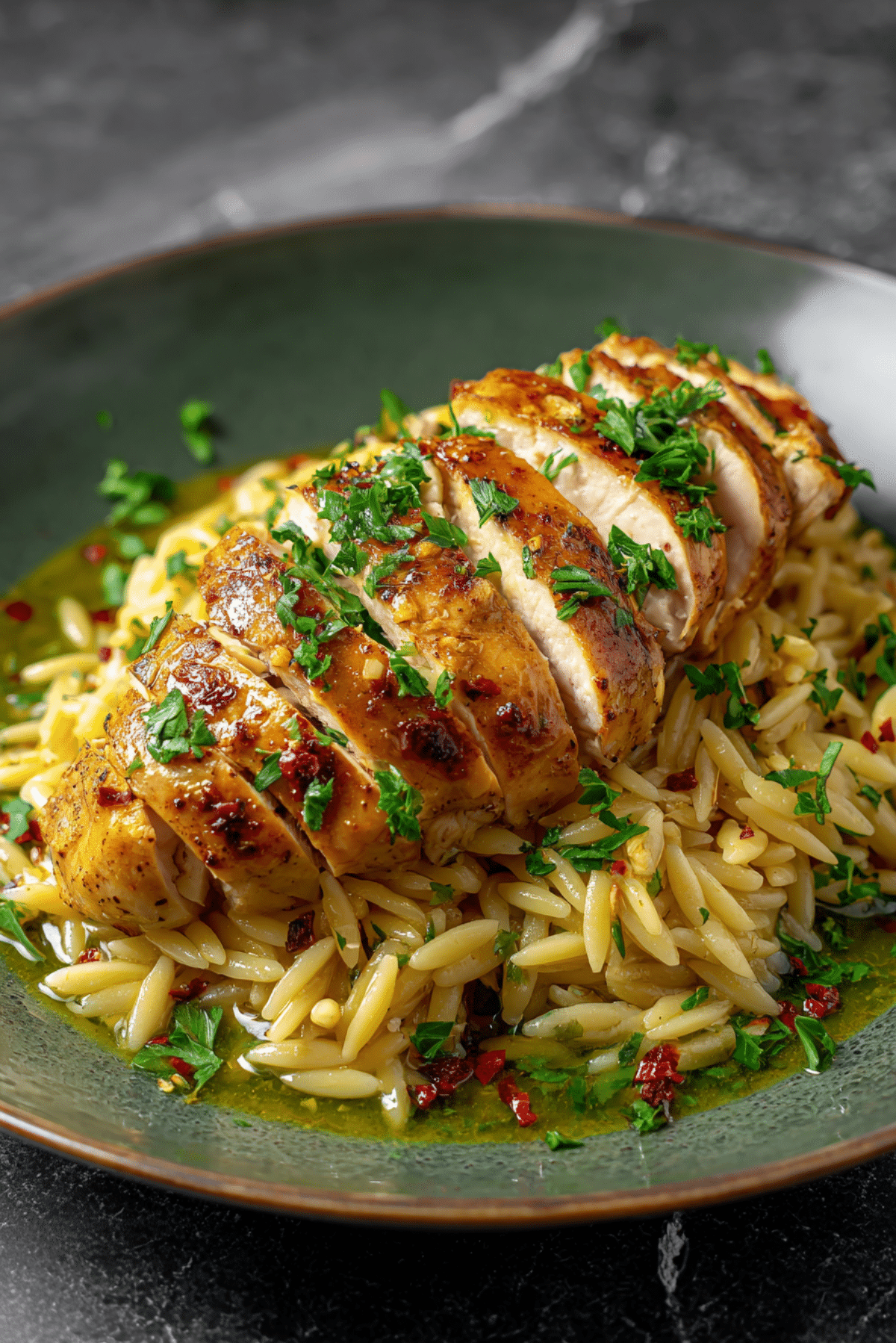 Aglio e Olio Orzo with Paprika Chicken