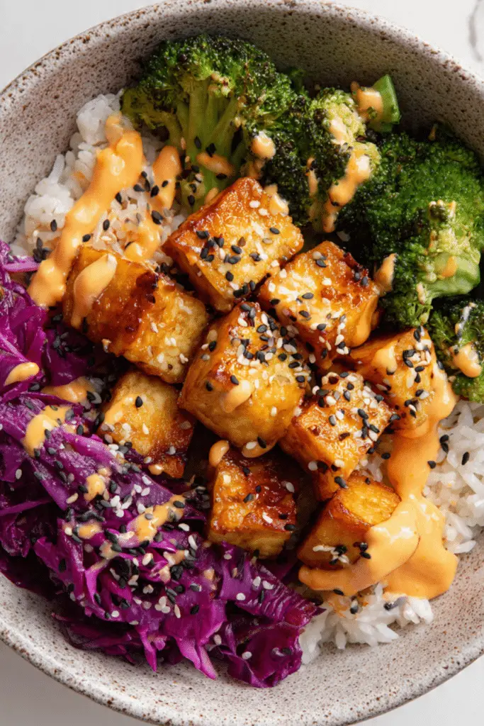 Teriyaki Tofu Bowls with Kimchi Mayo